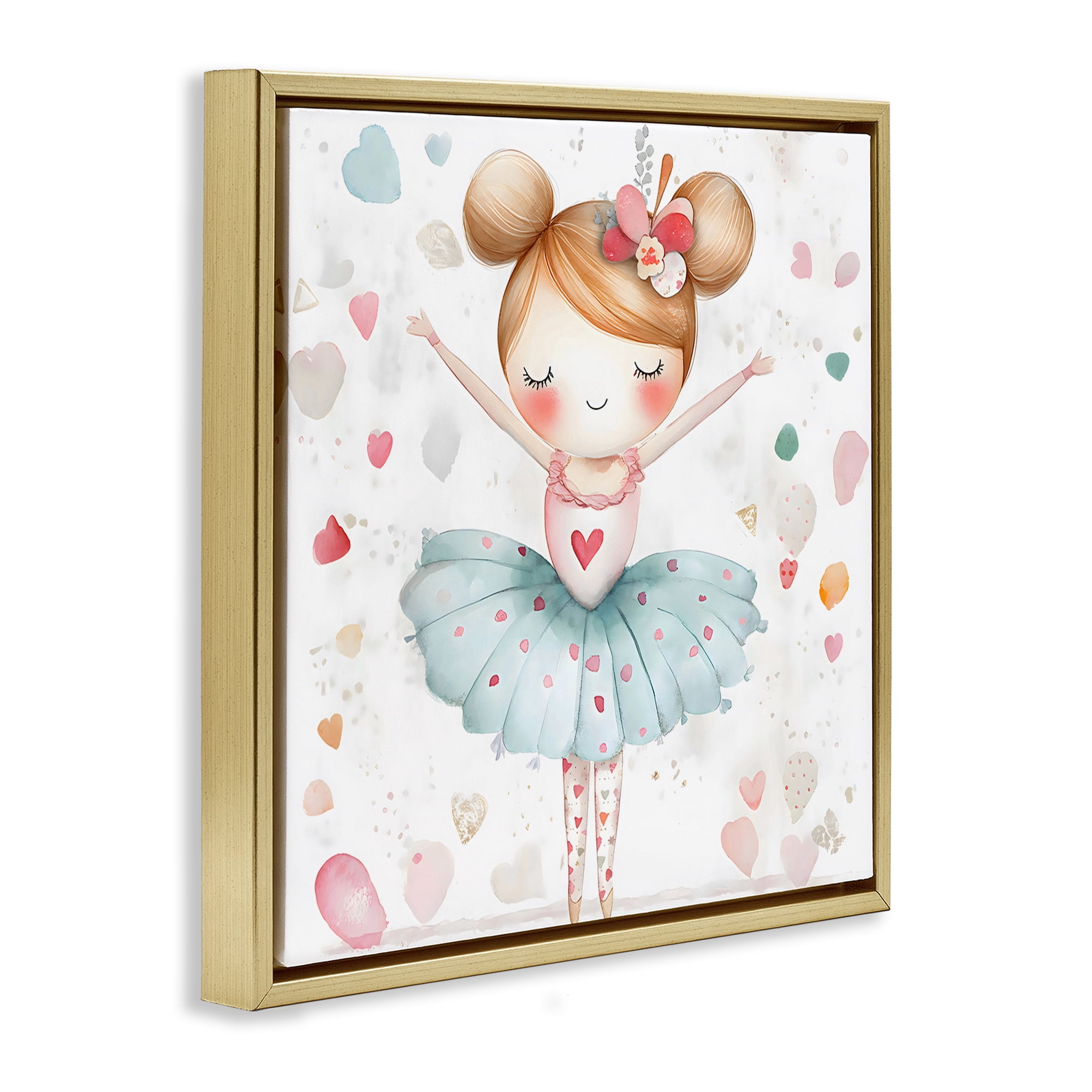 Stupell Industries Cute Ballerina with Hearts Gold Framed Floater Canvas Wall Art, design by Creative Studio