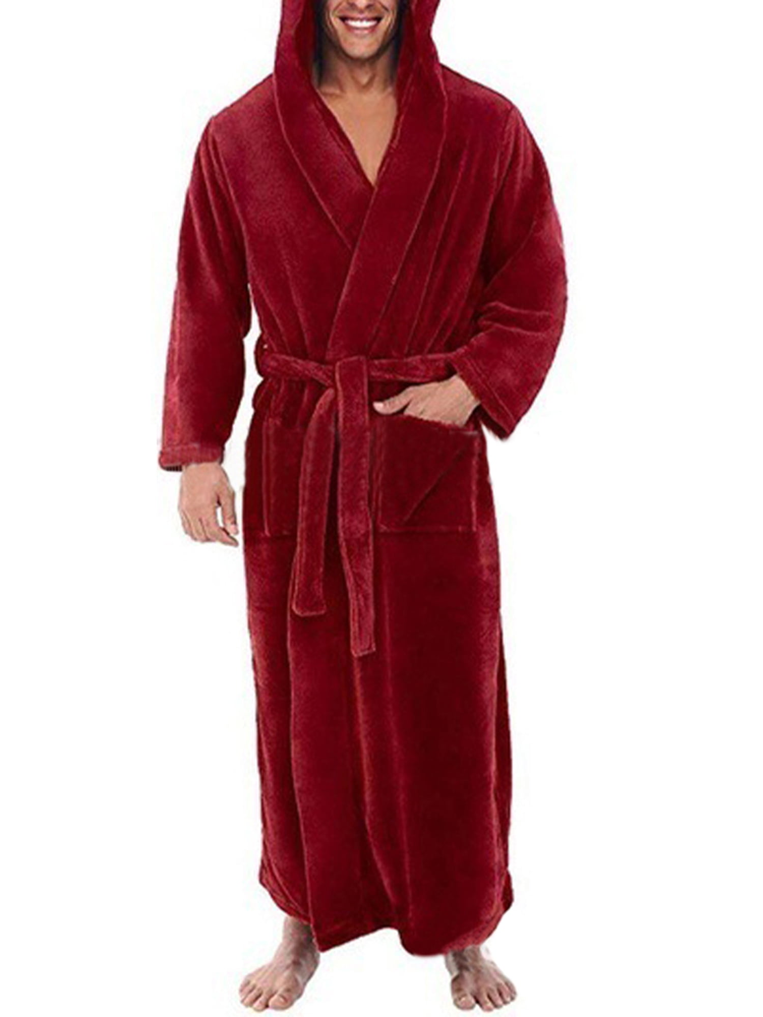 Men Super Soft & Cozy Hooded Long Dressing Gown Bathrobe Luxury Lounge Bath Robe 