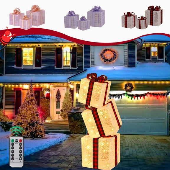 CQCYD under $5 Set of 3 Christmas Lighted Gift Boxes, LED Lights Nesting Present Boxes, Gift Box with Bow, for Xmas Tree Indoor Outdoor Holiday Decorations