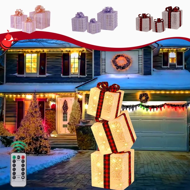 Caja de Luz Navideña con Control Remoto, Juego de 3 Luces Led, Caja de Regalo para Decoración de Exteriores, Caja de Regalo Navideña Elevada, Decoración para Interiores y Exteriores, Terrazas.