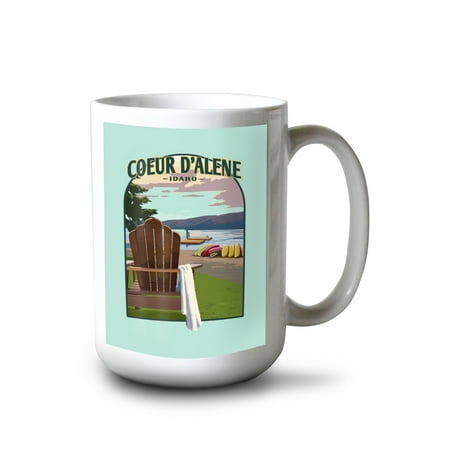 

15 fl oz Ceramic Mug Coeur d Alene Idaho Adirondack Chairs and Lake Contour Dishwasher & Microwave Safe