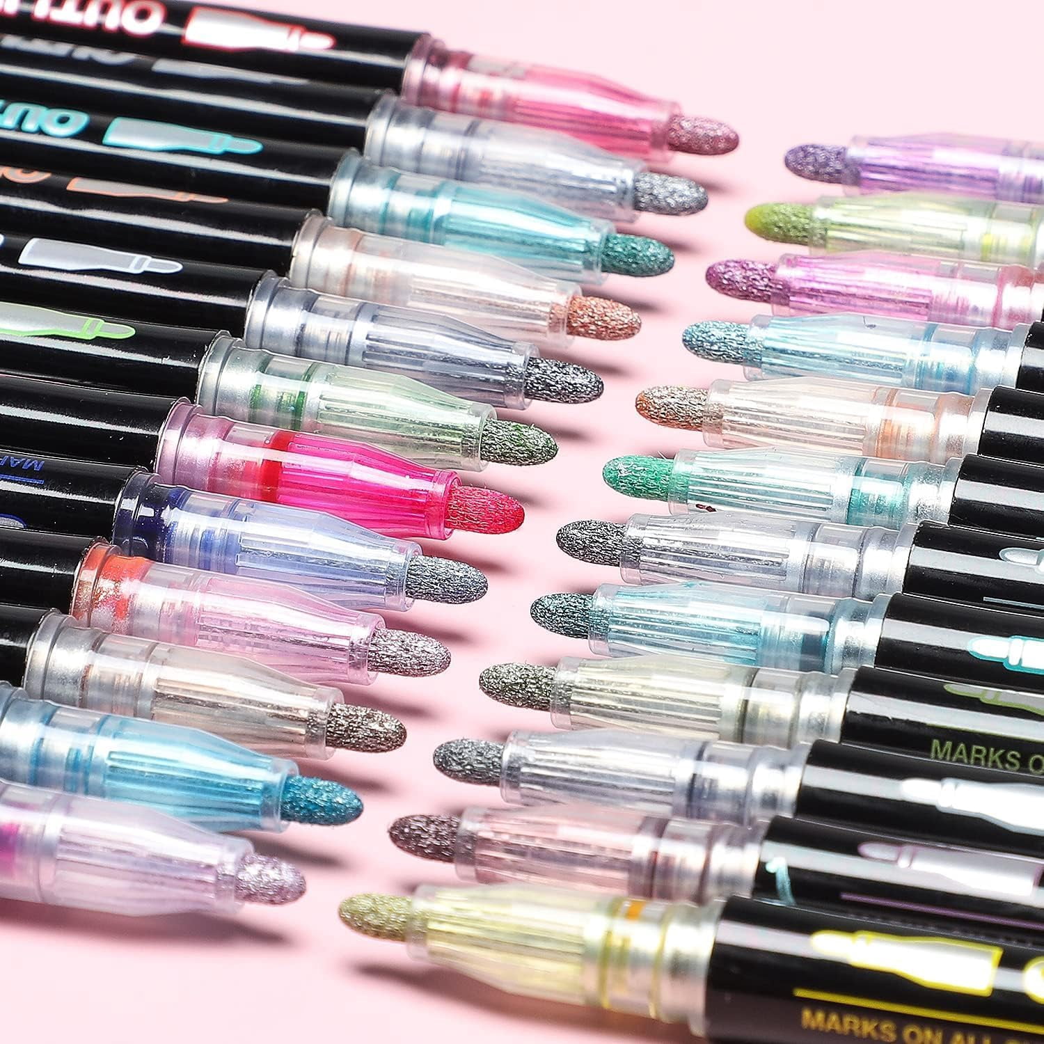 Dreamy Sparkle Dual-Line Contour Pen, 12 Colors Self-Outline Metallic Markers with Glitter, 2mm Chisel Tip for Christmas Card Birthday Greeting, DIY Art Crafts Scrapbooking and Drawing