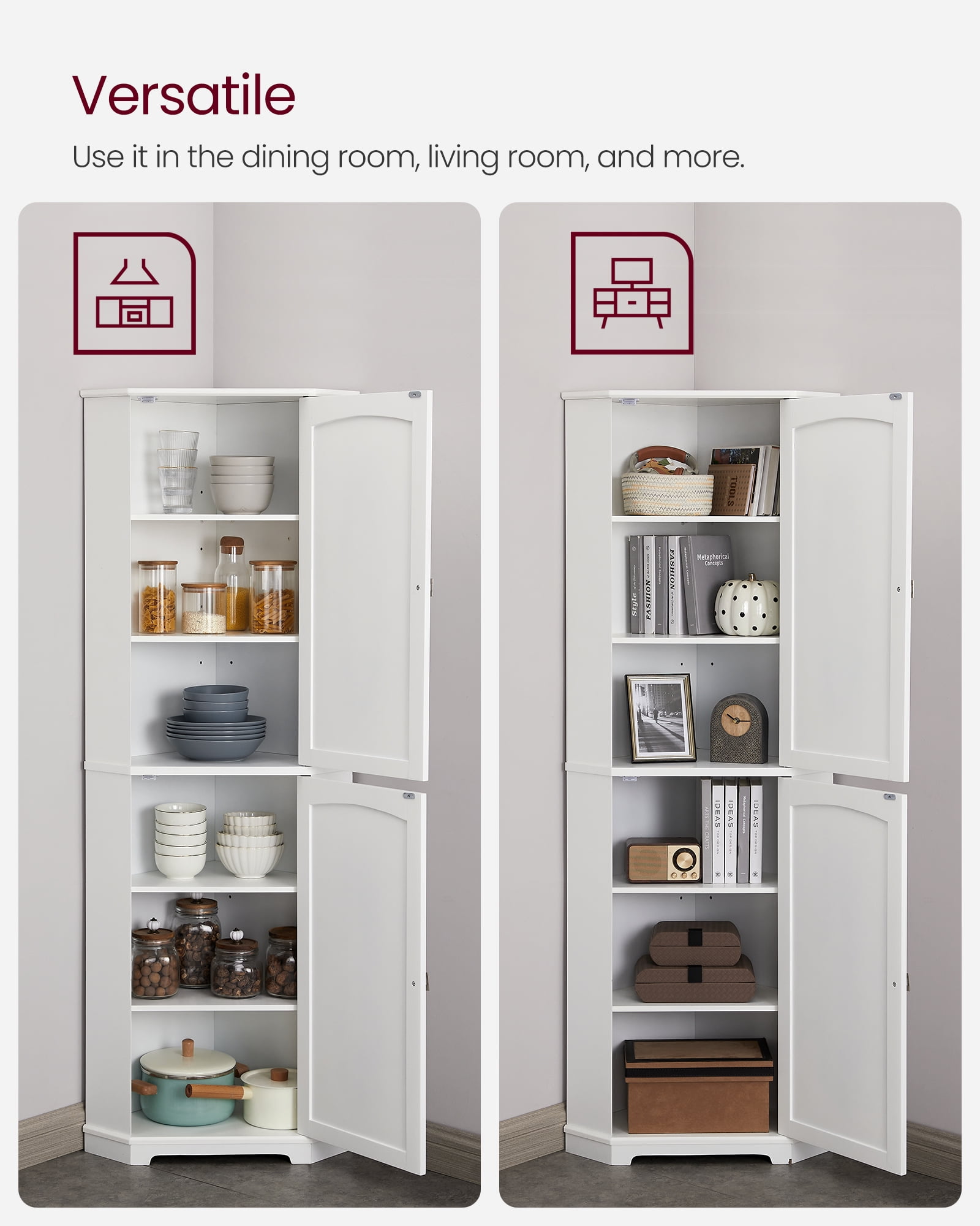 VASAGLE Floor Cabinet  Storage Cabinet with 2 Doors and 4 Adjustable Shelves Tall Corner Cabinet Modern Farmhouse Design, White