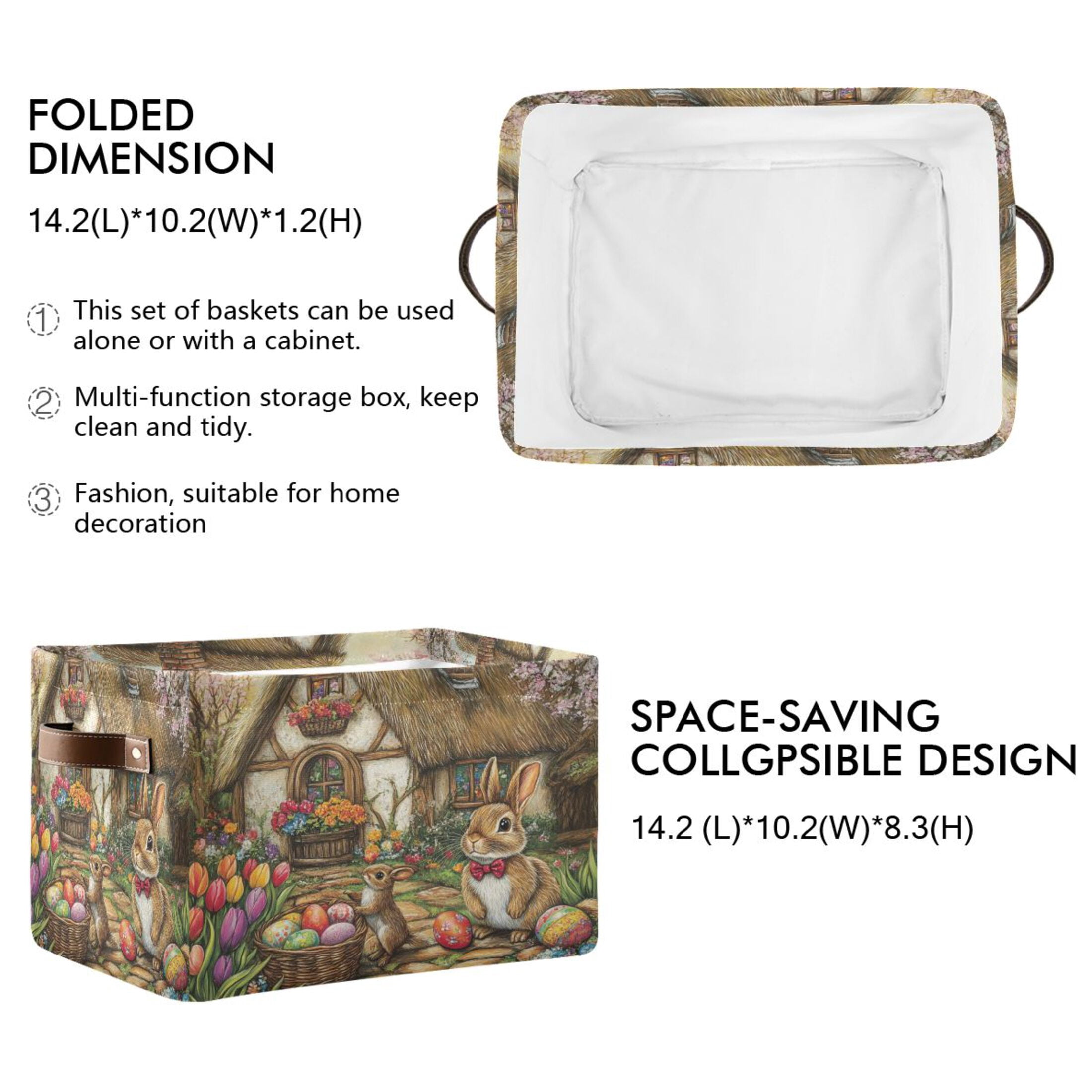 WOBOGO Easter Cozy Cabin Square Storage Basket with Waterproof Canvas and PE Lining Durable PU Leather Handles 14.2×10.2×8.3in