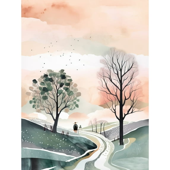Countryside Path in Autumn Watercolour Landscape Large Wall Art Poster Print Thick Paper 18X24 Inch