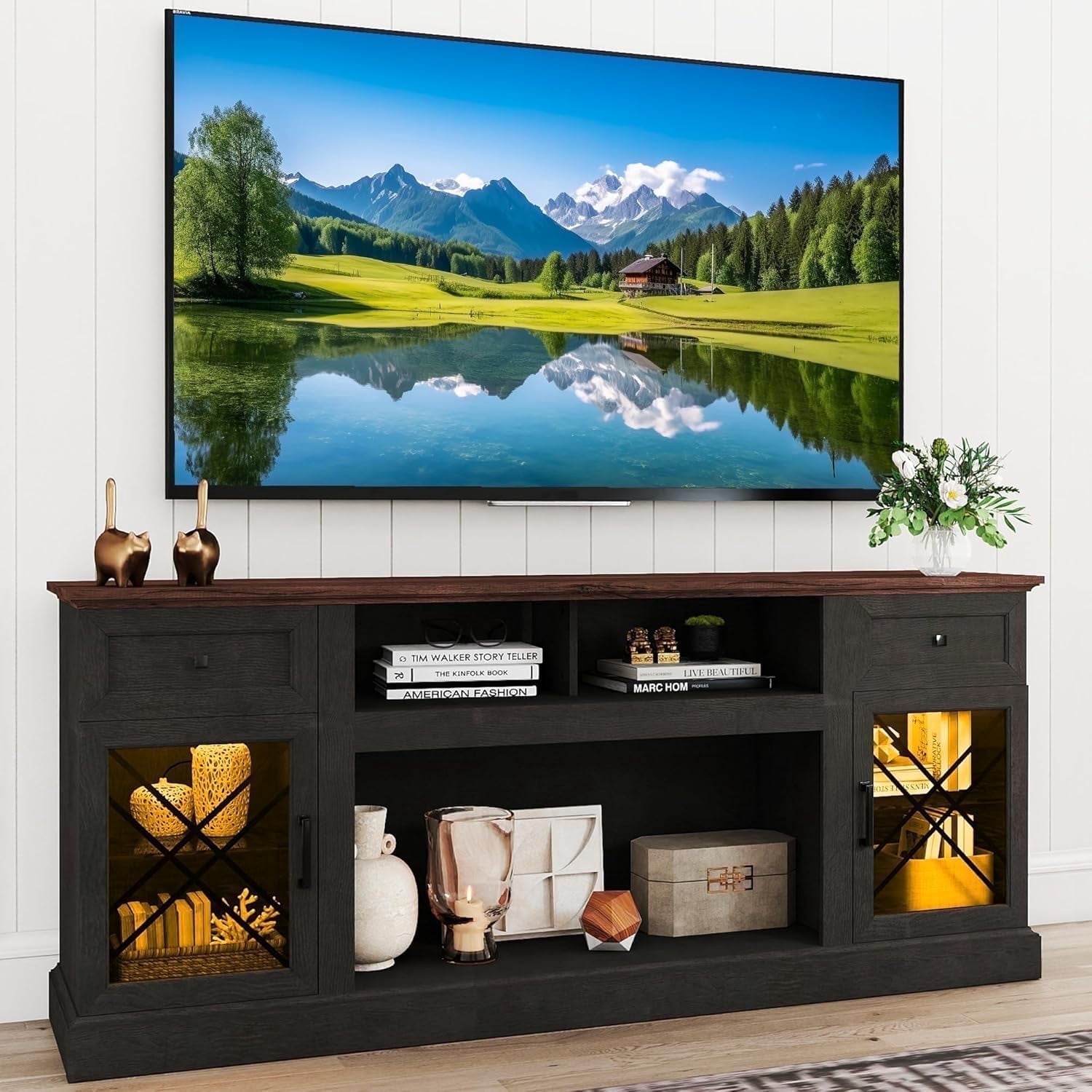 FIAKOA 70 inch Farmhouse TV Stand for 80 inch TV, Modern Entertainment Center with LED Lights, Wooden TV Stand Table with Glass Doors for Living Room (Dark Grey)