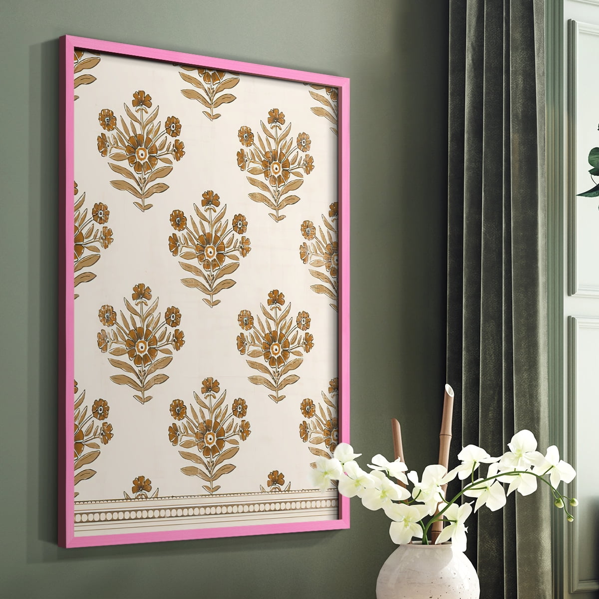 Block Print Blooms I Framed Print in Pink Solid Wood Framed Print No Nail Hanging