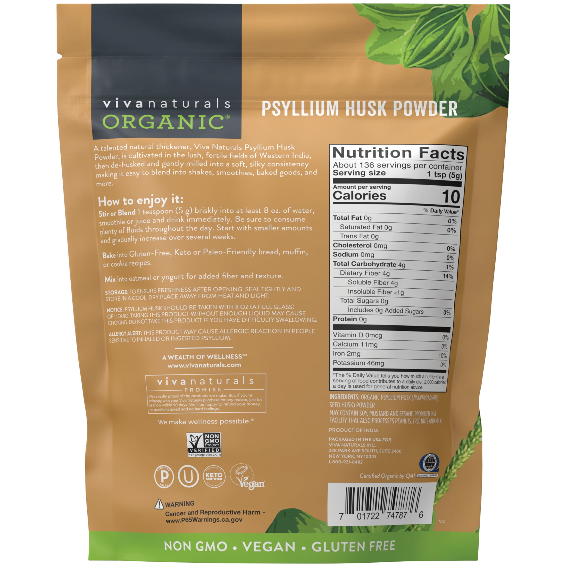 Viva Naturals Organic Psyllium Husk Powder, 24 oz-Finely Ground, Unflavored, Gluten-Free, Vegan, Keto and Paleo