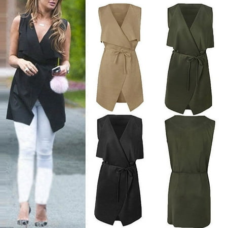 EFINNY Women Lapel Sleeveless Long Waistcoat Blazer Jacket Vest Cardigan