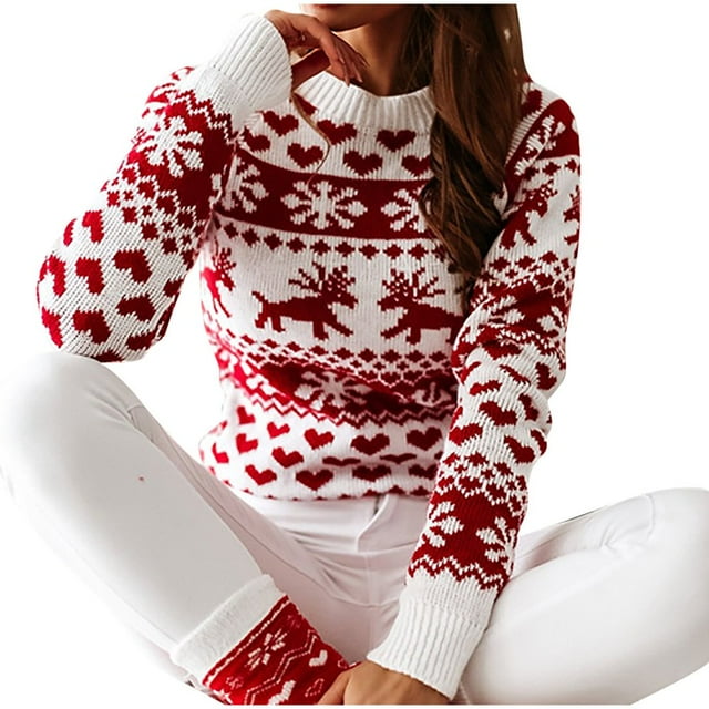 LNGOOR Chandails de Noël Laids pour Femmes Manches Longues Décontractées Col Rond Flocon de Neige Renne Cœur Imprimé Chandail Ample pour Fêtes de Vacances
