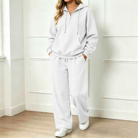 Huowey Women S Sweatsuits 2 Piece Set Fall Loungewear Outfits Half Zip Hoodie And Joggers Pants 2 Piece Long Sleeve Leisure Airport Tracksuit White L