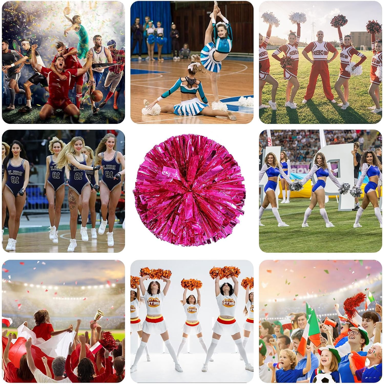 Cheerleader Pom Poms 12 Pack Sports Dance Cheering Plastic Metallic Cheerleading Pom Poms for Kids Adults