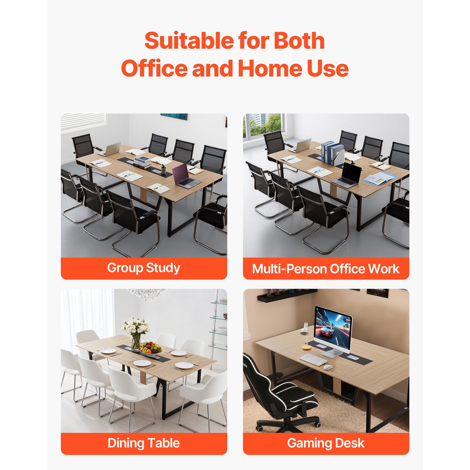 KFFKFF 8 ft Conference Table, Rectangular Office Meeting Desk for 10 People, Modern Design with Sturdy Metal Legs, Spacious Workspace for Office, Boardroom, or Conference Room, Simple Assembly, Brown