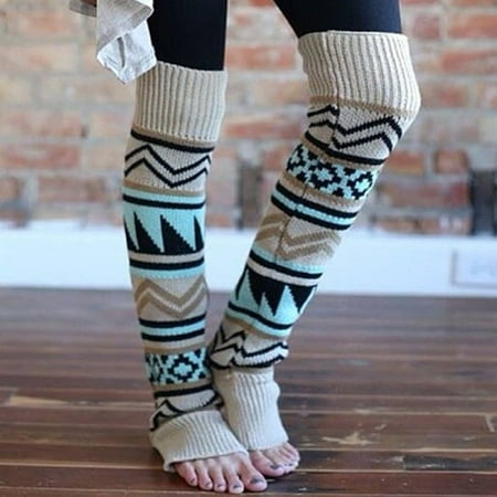 

1 Pair Women Leg Warmers Geometric Pattern Knitted Autumn Winter Color Block Thicken Warm Long Boot Socks for D