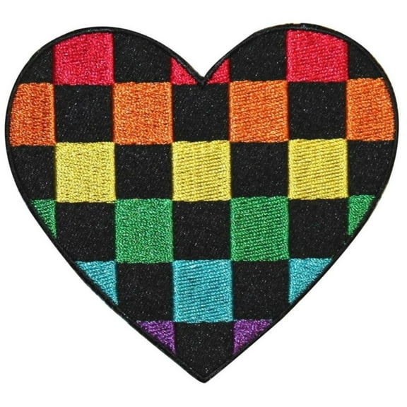 Checkered Rainbow Heart Patch Hippie Love Colorful Embroidered Iron On Applique