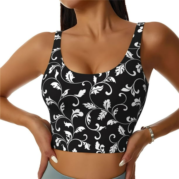 Fotbe Black White Leaves Sujetador Deportivo Largo sin Aros para Mujer con Almohadillas y Soporte Medio, Transpirable y Absorbente, Camiseta Tipo Chaleco o Tank Top-Large
