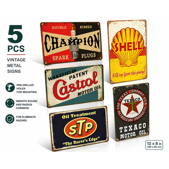 MORAVE 5 Pces 8×12 Inch Vintage Retro Metal Tin Signs, Garage Old Car Shop Oil And Gas Station Posters, Wall Decorations Man Cave Decor For Men