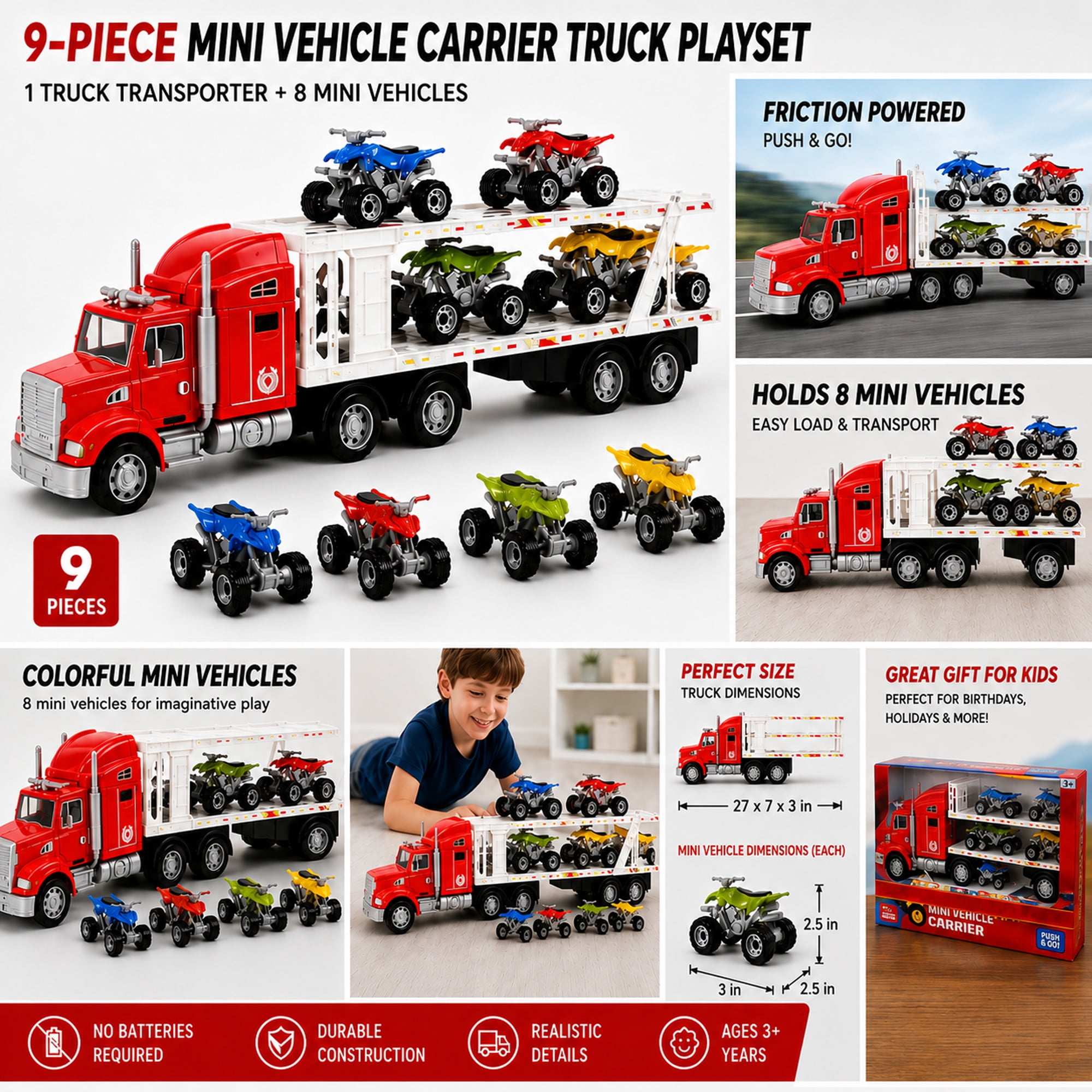 9-Piece Mini Vehicle Carrier Truck Playset, Double-Deck Toy Transport Truck with 8 Mini Vehicles, Friction Powered Semi Truck Toy, No Batteries Required, Gift for Kids Ages 3+