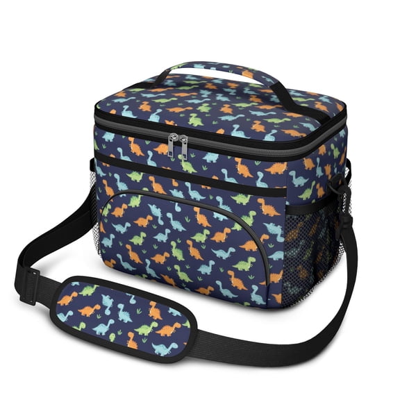 Dinosaur and Grass Navy Pattern Insulated Lunch Box for Women Men, Medium Leakproof Cooler Bag with Adjustable Strap, 10"x6.7"x8"