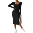 thumbnail image 3 of Women'S Autumn Dress 2 Long Sleeve Square Neck Knit Midi Beach Resort Dress Slit Slim Maxi Dress Black XL, 3 of 7