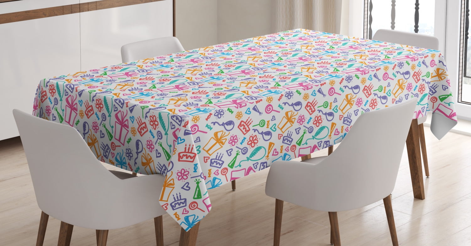 Birthday Tablecloth, Colorful Doodle Pattern Happy and Festive