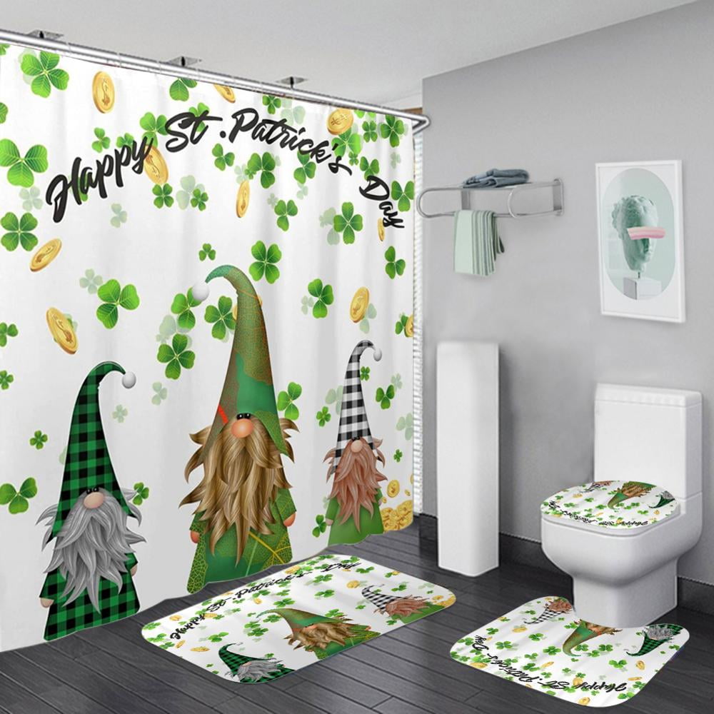 Patrick's Day Green Clover Theme Waterproof Fabric Shower Curtain Bath Mat St