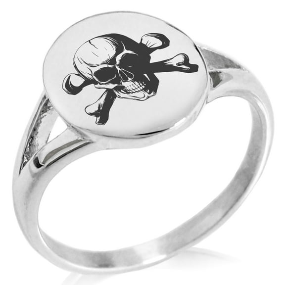 Stainless Steel Iconic Pirate Crossbones Skull Minimalist Oval Top Polished Statement Signet Ring
