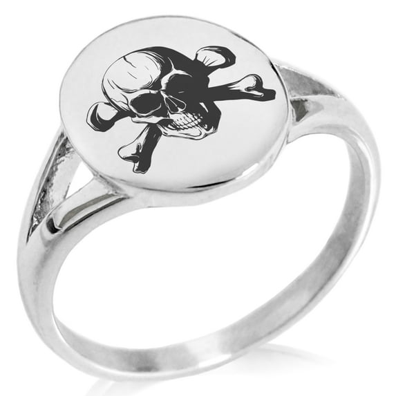 Stainless Steel Iconic Pirate Crossbones Skull Minimalist Oval Top Polished Statement Signet Ring