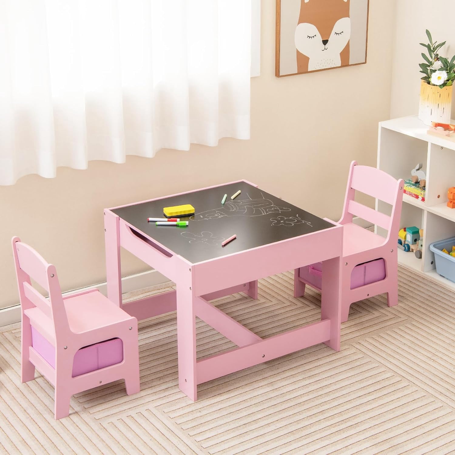 Neatifyes Kid Table and Chairs, 3 in 1 Wooden Activity Desk Set w/ Reversible Chalkboard & Storage Space for Arts, Crafts, Drawing, Reading, Playroom, Toddler Table and Chair Set for Boy Girl (Pink)