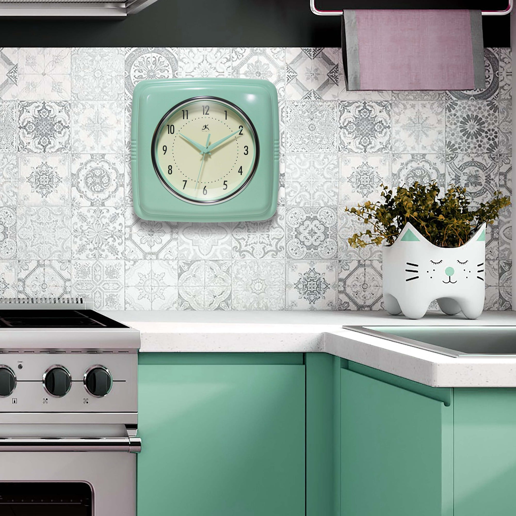 Infinity Instruments Square Retro Wall Clock, Pastel Green, 9.25"