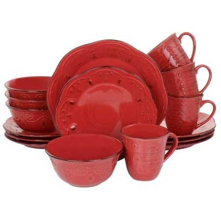 Elama Ensemble de Vaisselle en Grès Rond Gaufré à Bord Festonné 16 Pcs Rouge avec Accents Bruns