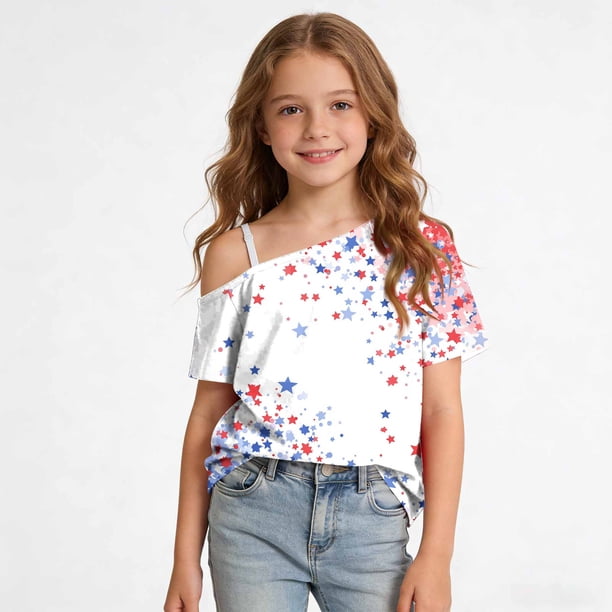 Odeerbi Niñas 4 de Julio Camiseta de Un Hombro Manga Corta Día de La Independencia Tops Gráficos