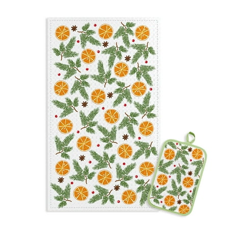 STP GOODS Holiday Oranges Cotton and Linen Kitchen Towel and Potholder Set Cotton Dish Towel for Drying Dishes Linen Dish Cloth and Oven Pot Pad, Christmas Design