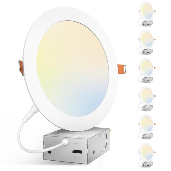 Amico Lot de 6 Plafonniers Encastrés Ultra-Minces LED 7 Pouces 5CCT avec Boîte de Jonction, 2700K/3000K/3500K/4000K/5000K Sélectionnable, 15W=100W, 1300LM