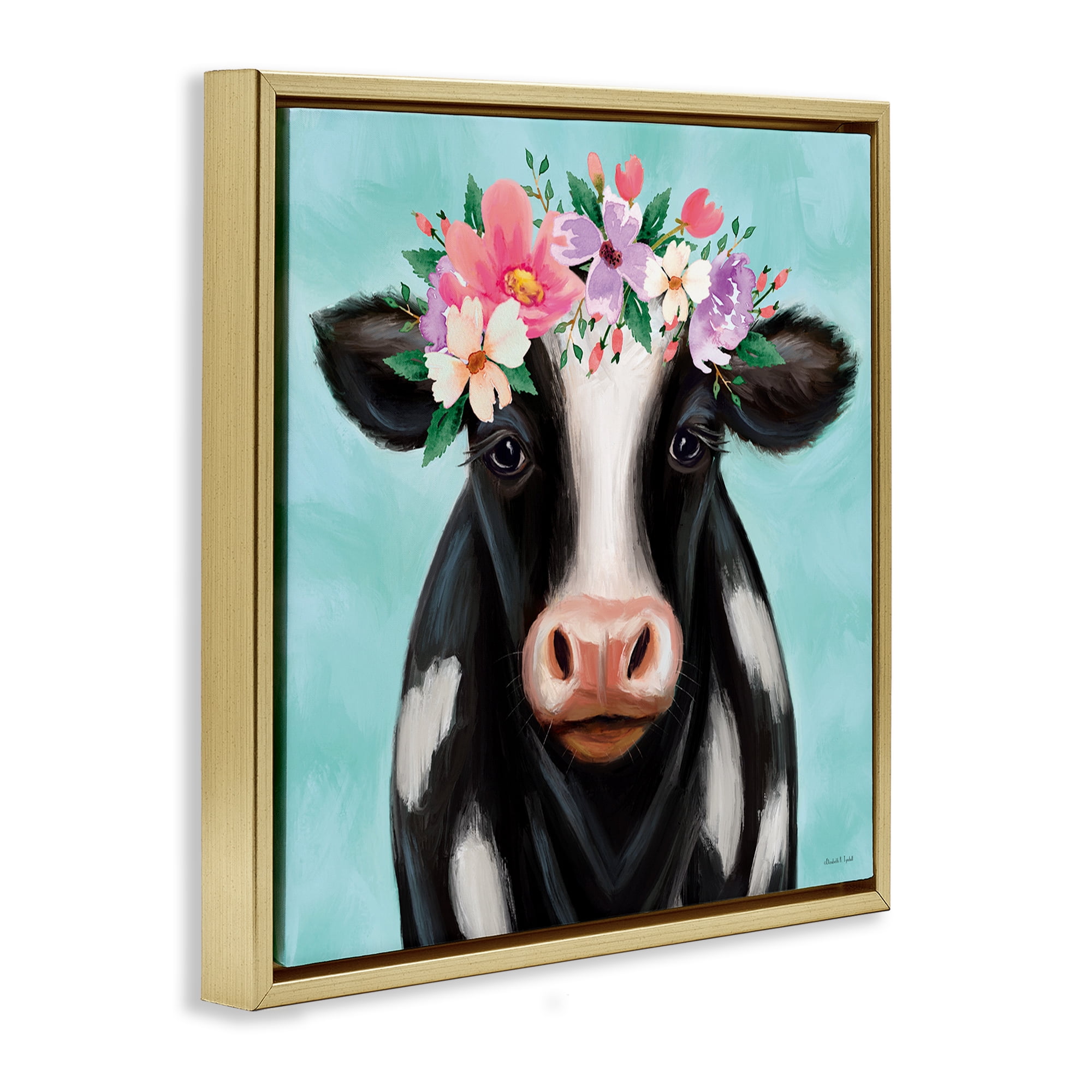 Stupell Industries Cow with Pastel Flowers Animals & Insects Painting Gold Floater Framed Canvas Art Print Wall Art, 25 x 25