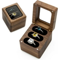 Wood 3 Slot Ring Box (Glass Lid) - Wedding Ceremony Ring Bearer Box Walnut Wood with Clear Transparent Lid, Proposal Engagement Ring Storage for 3 Rings, Unique Gift for Her, 2.25 x 2 x 2