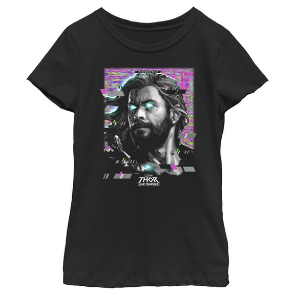Girl's Marvel: Thor: Love and Thunder Glitch Thor  Graphic Tee Black Large