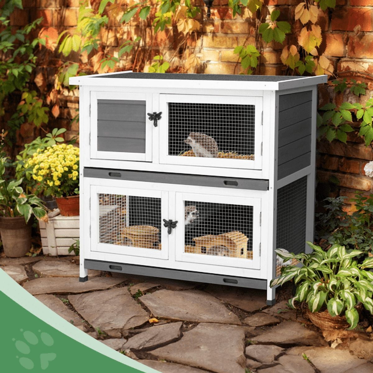 imerelez 2 Story Solid Wood Rabbit Hutch Bunny Cage with 2 Large Main Rooms, Indoor Outdoor Rabbit House Guinea Pig Cage Pet House for Small Animals with 2 Removable Trays, Grey