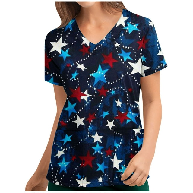TIMIFIS Womens Scrub Tops Independence Day Summer American Flag Print Short Sleeve 4th of July Patriotic Working Uniform Nursing Scrub Tops with Pockets - Spring/Summer