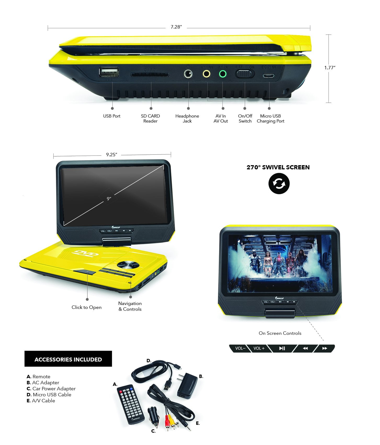 Impecca 9” Portable DVD Player Includes Flip and Swivel Screen