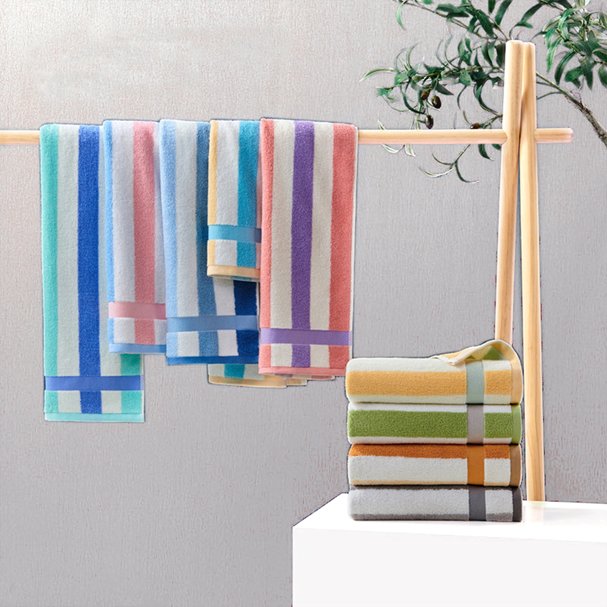 Unique Bargains Hand Towels Set of 4 Striped Cotton Brown Yellow/Blue Orange 13" x 29"