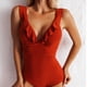thumbnail image 5 of Traje de baño sexy de una pieza para mujer Monokini con control de barriga y cuello en V con volantes - Rojo, 5 of 6