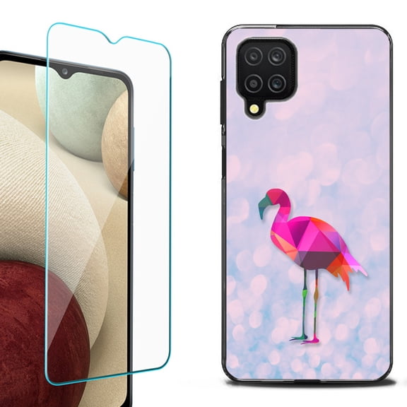 Slim-Fit Flexible TPU Gel Phone Case (black) for Samsung Galaxy A12, with Tempered Glass Screen Protector, by OneToughShield ® - Flamingo / Polygon