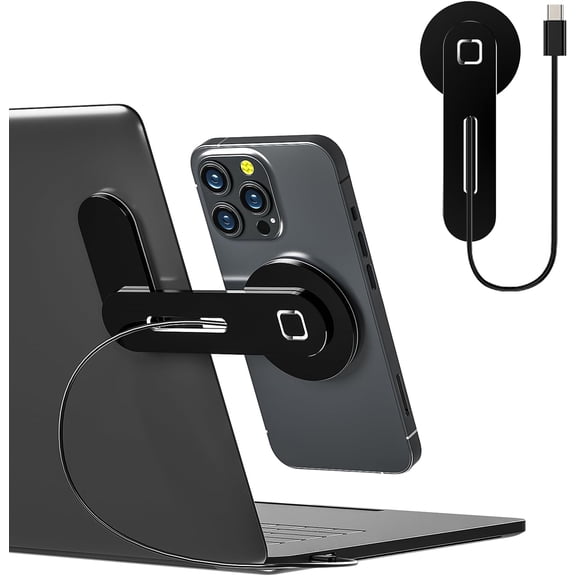 Laptop Phone Holder, 15W Fast Wireless Charger, Magnetic iPhone 12/13/14/15 Series Holder, Modern Minimalist Black Aluminum Monitor Clamp