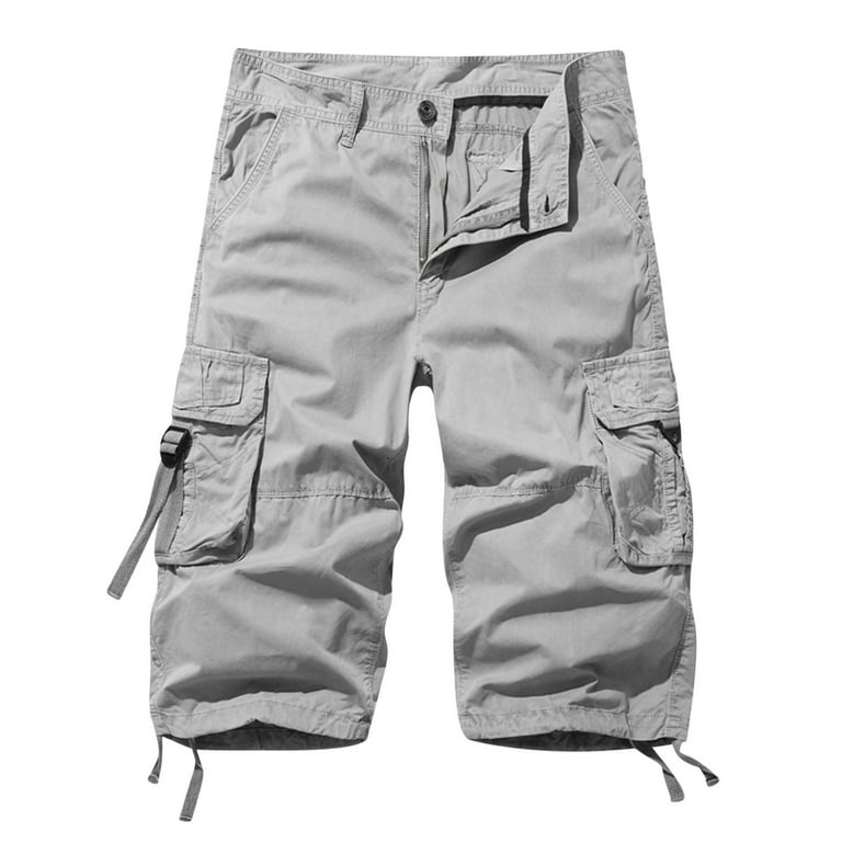 Capri Pants for Men Casual Button Zipper 3/4 Cargo Pants Baggy Multi  Pockets Drawstring Outdoors Sports Hiking Below Knee Shorts 