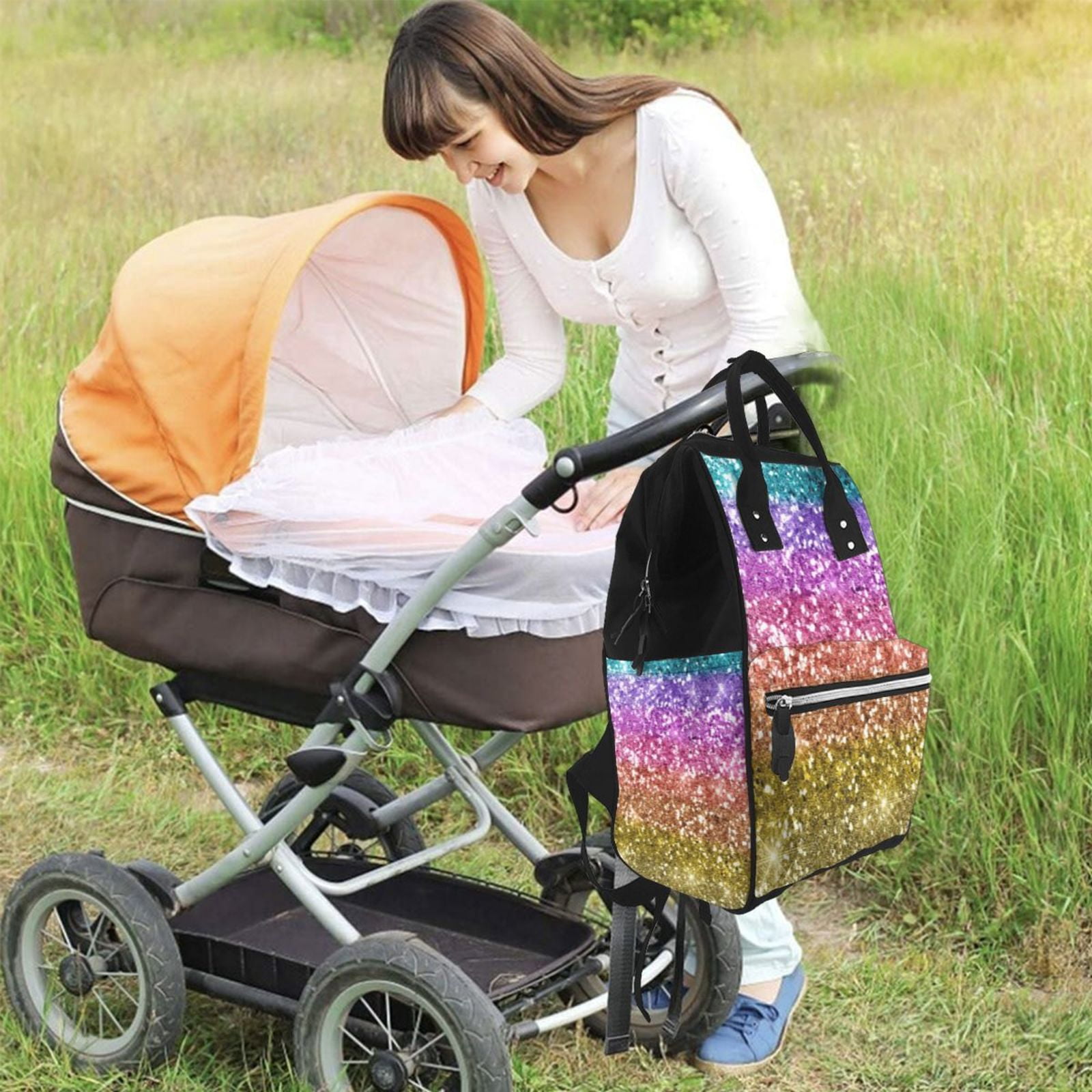 Ratiio Glitter Rainbow Mummy Backpack - Waterproof Twill Canvas, Large Capacity Diaper Bag with Multiple Pockets and Adjustable Straps