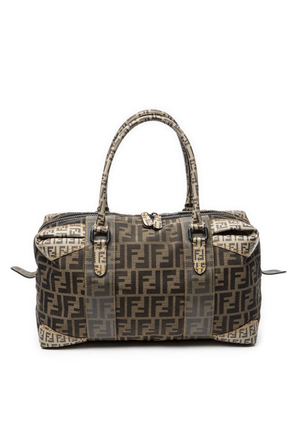Pre-Owned Fendi Brown/Black Double Zip Bowler Shoulder Bag Zucca Canvas