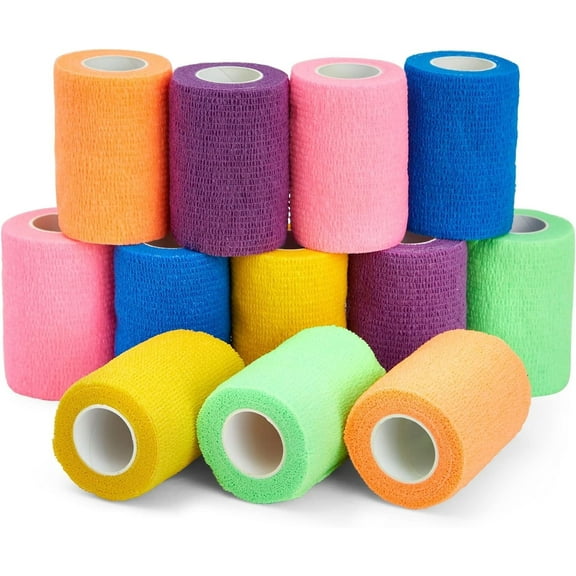 Self-Adherent Cohesive Vet Wrap - Compression Bandage for Joint Support - No-Slip Adhesive Tape - Multi-Purpose Pet Bandage & Horse Leg Wraps - 3 in x 6 Yd, Pack of 12, 6 Colors