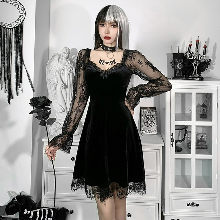 Women Gothic Dress Long Sleeve Hollow Out Lace Patchwork Punk Evening Dress  