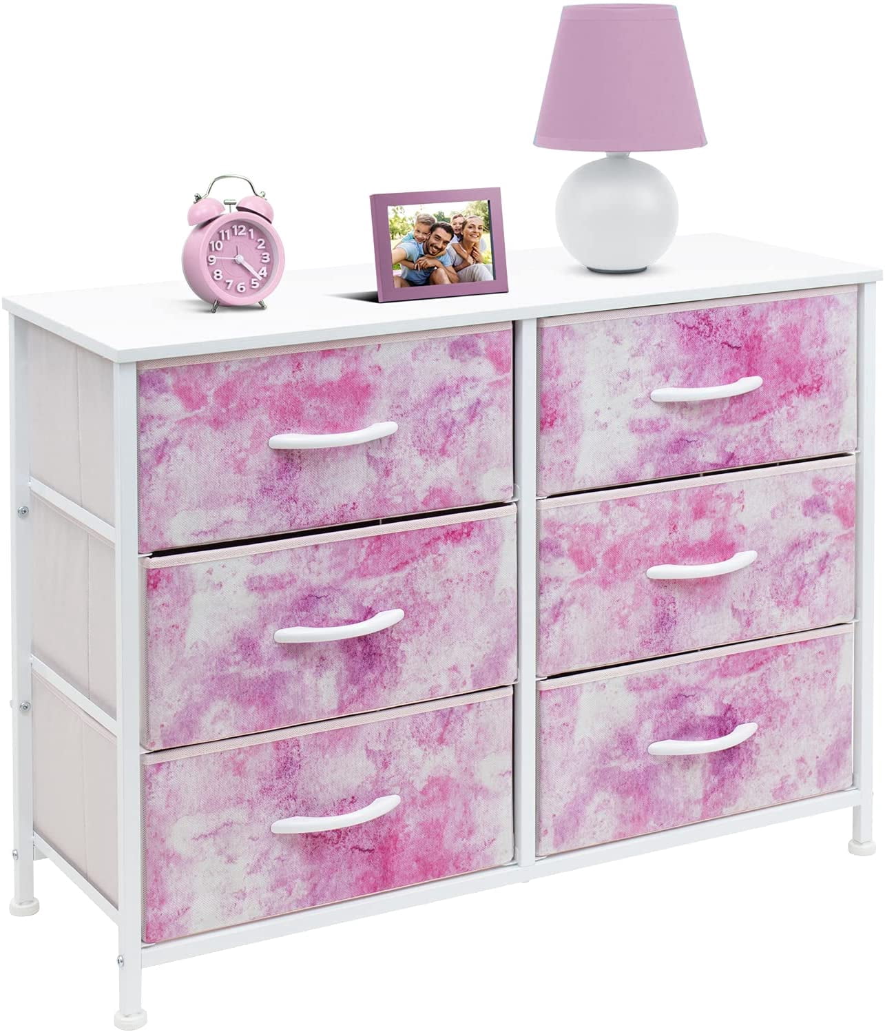 Sorbus Dresser with 6 Drawers - Furniture Storage Chest Tower Unit for Bedroom, Hallway, Closet, Office Organization - Steel Frame, Wood Top, Tie-dye Fabric Bins (6-Drawer, Pink)